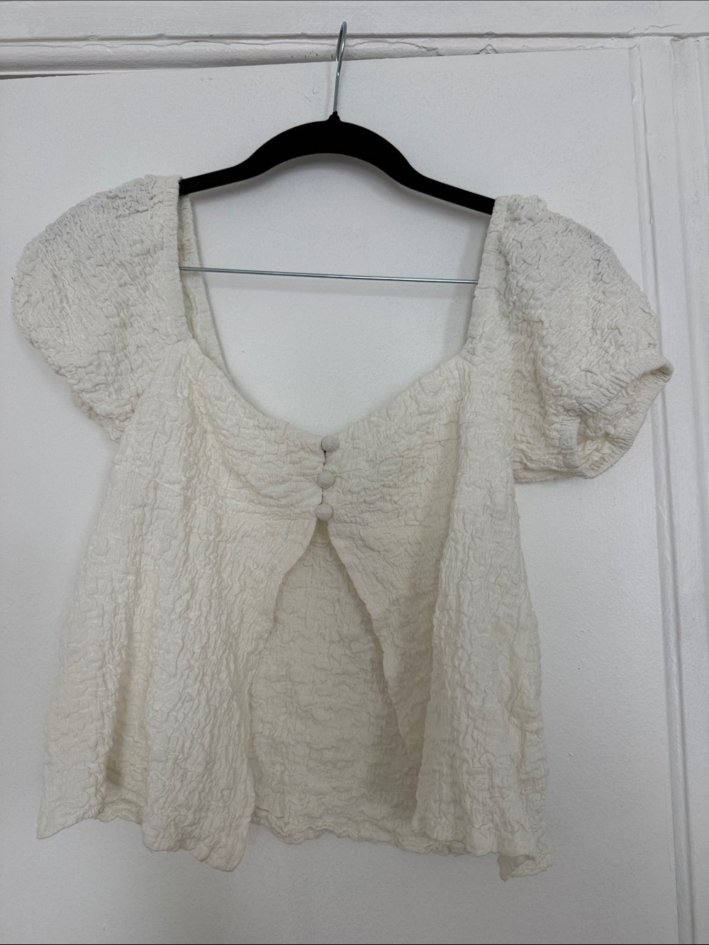 Princess Polly Cream Textured Puff Sleeve Button-Front Top